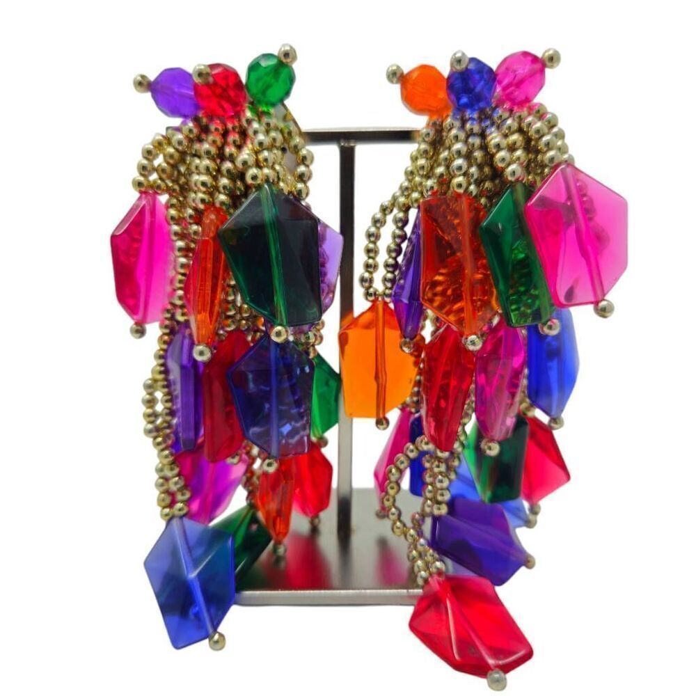 Large Vintage Multicolored Beaded Dangle Drop Earrings | 1980s